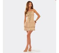 Square Neck Lace Panel Detail Tiered Mini Dress In Stone, Women's Size UK 6