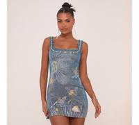 Square Neck Midnight Graphic Print Mini Bodycon Dress In Blue Glitter, Women's Size UK Extra Small XS