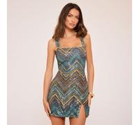 Square Neck Side Split Detail Mini Dress In Multi Printed Sequin, Women's Size UK 6