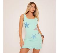 Square Neck Starfish Sequin Frill Hem Mini Dress In Blue, Women's Size UK Medium M