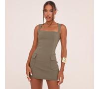 Square Neck Tailored Mini Bodycon Dress In Khaki Green Woven, Women's Size UK 12