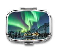 Square Northern Lights Pill Organizer Pill Box 3 Compartment Portable Travel Medicine Case Daily Mini Compact Medicine Container Storage Vitamin Supplement Dispenser