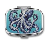 Square Octopus Design Pill Box Small Pill Case with 2 Compartment Portable Metal Medicine Organizer Mini Travel Medicine Vitamin Supplement Container for Pocket Purse