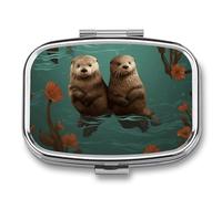 Square Otters in Love Pill Box Small Pill Case with 2 Compartment Portable Metal Medicine Organizer Mini Travel Medicine Vitamin Supplement Container for Pocket Purse
