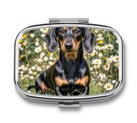Square Pad Dachshund Pill Box Small Pill Case with 2 Compartment Portable Metal Medicine Organizer Mini Travel Medicine Vitamin Supplement Container for Pocket Purse