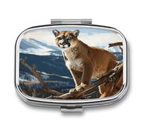 Square Panther Mountain Lion Pill Box Small Pill Case with 2 Compartment Portable Metal Medicine Organizer Mini Travel Medicine Vitamin Supplement Container for Pocket Purse