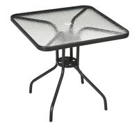 Square Patio Table Black 76x76cm Tempered Glass Steel Parasol Hole 50mm Gardens