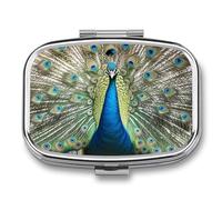 Square Peacock Pattern Pill Box Small Pill Case with 2 Compartment Portable Metal Medicine Organizer Mini Travel Medicine Vitamin Supplement Container for Pocket Purse