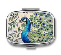 Square Peacock Watercolor Painting Pill Organizer Pill Box 3 Compartment Portable Travel Medicine Case Daily Mini Compact Medicine Container Storage Vitamin Supplement Dispenser