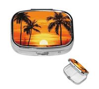 Square Pill Box 2 Compartments Tropical Palm Tree Sunset Pill Box Handbag Pocket Pill Box Portable Travel Pill Box Metal Medicine Vitamin Fish Oil Gift