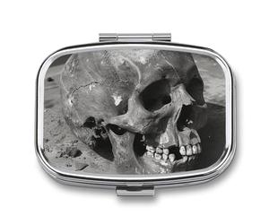 Square Pill Box Ancient Human Skull Pill Case for Purse & Pocket 2 Compartment Medicine Pill Organizer Portable Travel Pillbox Medicine Vitamin Cod Liver Oil Storage Box