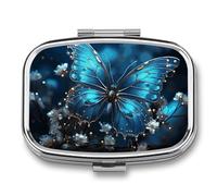 Square Pill Box Blue Butterfly and Moon Pill Case for Purse & Pocket 2 Compartment Medicine Pill Organizer Portable Travel Pillbox Medicine Vitamin Cod Liver Oil Storage Box