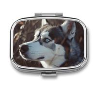 Square Pill Box Blue Eyed Husky Dog Pill Case for Purse & Pocket 2 Compartment Medicine Pill Organizer Portable Travel Pillbox Medicine Vitamin Cod Liver Oil Storage Box