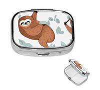 Square Pill Box Brown Sloth Pill Case 2 Compartment for Purse Cute Metal Pill Organizer Portable Travel Pillbox Mini Small Pill Container Holder to Hold Vitamins Fish Oil Supplements