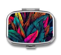 Square Pill Box Colorful Tropical Leaves Pattern Pill Case for Purse & Pocket 2 Compartment Medicine Pill Organizer Portable Travel Pillbox Medicine Vitamin Cod Liver Oil Storage Box
