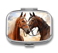 Square Pill Box Couple Horse Pill Case for Purse & Pocket 2 Compartment Medicine Pill Organizer Portable Travel Pillbox Medicine Vitamin Cod Liver Oil Storage Box