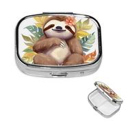 Square Pill Box Cute Sloth Leaves Pill Case 2 Compartment for Purse Cute Metal Pill Organizer Portable Travel Pillbox Mini Small Pill Container Holder to Hold Vitamins Fish Oil Supplements