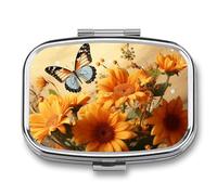 Square Pill Box Cute Sunflower and Butterfly Pill Case for Purse & Pocket 2 Compartment Medicine Pill Organizer Portable Travel Pillbox Medicine Vitamin Cod Liver Oil Storage Box