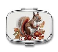 Square Pill Box Leaves and Squirrel Pill Case for Purse & Pocket 2 Compartment Medicine Pill Organizer Portable Travel Pillbox Medicine Vitamin Cod Liver Oil Storage Box