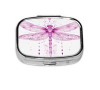 Square Pill Box, Mini Metal Pill Case for Pocket Purse, Abstract Animal Dragonfly Small Pill Organizer for Travel, 2 Compartment Pill Holder, 2.2x1.6x0.7in