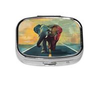 Square Pill Box, Mini Metal Pill Case for Pocket Purse, African Animal Elephant Small Pill Organizer for Travel, 2 Compartment Pill Holder, 2.2x1.6x0.7in