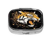 Square Pill Box, Mini Metal Pill Case for Pocket Purse, Angry Animal Tiger Small Pill Organizer for Travel, 2 Compartment Pill Holder, 2.2x1.6x0.7in