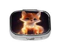 Square Pill Box, Mini Metal Pill Case for Pocket Purse, Animal Fox Twinkling Lights Small Pill Organizer for Travel, 2 Compartment Pill Holder, 2.2x1.6x0.7in