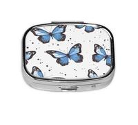Square Pill Box, Mini Metal Pill Case for Pocket Purse, Blue Butterfly Animal Pattern Small Pill Organizer for Travel, 2 Compartment Pill Holder, 2.2x1.6x0.7in