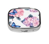 Square Pill Box, Mini Metal Pill Case for Pocket Purse, Blue Butterfly Hydrangeas Flower Small Pill Organizer for Travel, 2 Compartment Pill Holder, 2.2x1.6x0.7in