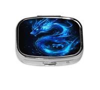 Square Pill Box, Mini Metal Pill Case for Pocket Purse, Blue Flame Dragon Small Pill Organizer for Travel, 2 Compartment Pill Holder, 2.2x1.6x0.7in