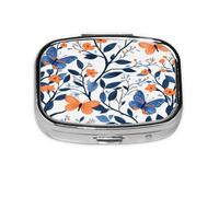 Square Pill Box, Mini Metal Pill Case for Pocket Purse, Blue Tree Plants Flowers Butterfly Small Pill Organizer for Travel, 2 Compartment Pill Holder, 2.2x1.6x0.7in