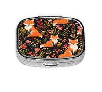 Square Pill Box, Mini Metal Pill Case for Pocket Purse, Cartoon Animal Fox Flower Small Pill Organizer for Travel, 2 Compartment Pill Holder, 2.2x1.6x0.7in
