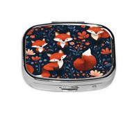 Square Pill Box, Mini Metal Pill Case for Pocket Purse, Cartoon Fox Florals Small Pill Organizer for Travel, 2 Compartment Pill Holder, 2.2x1.6x0.7in