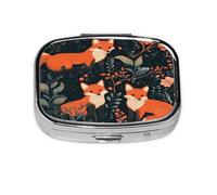 Square Pill Box, Mini Metal Pill Case for Pocket Purse, Cartoon Fox Flower Leaves Small Pill Organizer for Travel, 2 Compartment Pill Holder, 2.2x1.6x0.7in