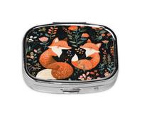 Square Pill Box, Mini Metal Pill Case for Pocket Purse, Cartoon Fox Flowers Small Pill Organizer for Travel, 2 Compartment Pill Holder, 2.2x1.6x0.7in