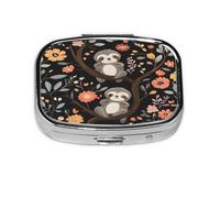 Square Pill Box, Mini Metal Pill Case for Pocket Purse, Cartoon Tree Flower Sloth Small Pill Organizer for Travel, 2 Compartment Pill Holder, 2.2x1.6x0.7in