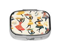 Square Pill Box, Mini Metal Pill Case for Pocket Purse, Colorful African Woman Small Pill Organizer for Travel, 2 Compartment Pill Holder, 2.2x1.6x0.7in