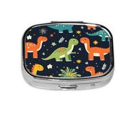 Square Pill Box, Mini Metal Pill Case for Pocket Purse, Colorful Dinosaurs Dino Small Pill Organizer for Travel, 2 Compartment Pill Holder, 2.2x1.6x0.7in