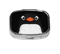 Square Pill Box, Mini Metal Pill Case for Pocket Purse, Cute Animal Penguin Face Small Pill Organizer for Travel, 2 Compartment Pill Holder, 2.2x1.6x0.7in