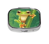 Square Pill Box, Mini Metal Pill Case for Pocket Purse, Cute Cartoon Frog Small Pill Organizer for Travel, 2 Compartment Pill Holder, 2.2x1.6x0.7in