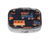 Square Pill Box, Mini Metal Pill Case for Pocket Purse, Cute Cartoon Trains Small Pill Organizer for Travel, 2 Compartment Pill Holder, 2.2x1.6x0.7in