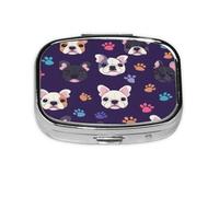 Square Pill Box, Mini Metal Pill Case for Pocket Purse, Cute Dog French Bulldog Pattern Small Pill Organizer for Travel, 2 Compartment Pill Holder, 2.2x1.6x0.7in