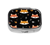 Square Pill Box, Mini Metal Pill Case for Pocket Purse, Cute Fox Arrows Leaves Small Pill Organizer for Travel, 2 Compartment Pill Holder, 2.2x1.6x0.7in