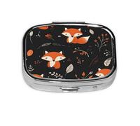 Square Pill Box, Mini Metal Pill Case for Pocket Purse, Cute Fox Leaves Small Pill Organizer for Travel, 2 Compartment Pill Holder, 2.2x1.6x0.7in