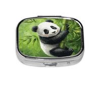 Square Pill Box, Mini Metal Pill Case for Pocket Purse, Cute Panda Bamboo Green Small Pill Organizer for Travel, 2 Compartment Pill Holder, 2.2x1.6x0.7in