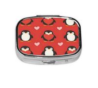 Square Pill Box, Mini Metal Pill Case for Pocket Purse, Cute Penguins Hearts Pattern Small Pill Organizer for Travel, 2 Compartment Pill Holder, 2.2x1.6x0.7in