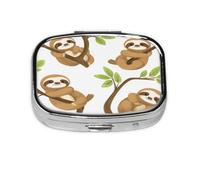Square Pill Box, Mini Metal Pill Case for Pocket Purse, Cute Sloths On Tree Small Pill Organizer for Travel, 2 Compartment Pill Holder, 2.2x1.6x0.7in