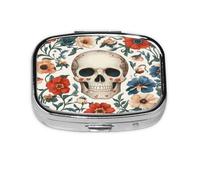 Square Pill Box, Mini Metal Pill Case for Pocket Purse, Daisy Flowers Skull Small Pill Organizer for Travel, 2 Compartment Pill Holder, 2.2x1.6x0.7in
