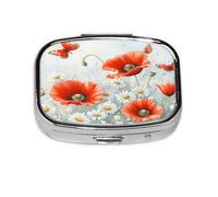 Square Pill Box, Mini Metal Pill Case for Pocket Purse, Daisy Poppy Butterfly Flowers Small Pill Organizer for Travel, 2 Compartment Pill Holder, 2.2x1.6x0.7in