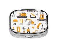 Square Pill Box, Mini Metal Pill Case for Pocket Purse, Diggers Construction Trucks Pattern Small Pill Organizer for Travel, 2 Compartment Pill Holder, 2.2x1.6x0.7in